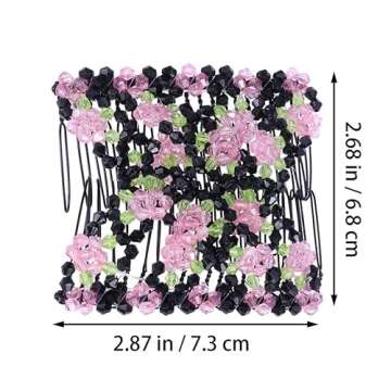 LALAFINA 3pcs Double Clips Hair Combs Adjustable Elastic Hair Clips Stretch Beaded Hair Combs Pink R...