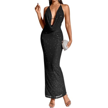KUTUMAI Women Sexy Sequin Bodycon Maxi Dress V Neck Split Back Formal Evening Cocktail Party Long Dr...