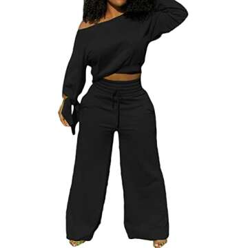 sexycherry Casual Black 2 Piece Sets Sweatsuits for Women Long Sleeve One Off Shoulder Long Pants Wi...