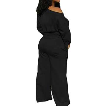 sexycherry Casual Black 2 Piece Sets Sweatsuits for Women Long Sleeve One Off Shoulder Long Pants Wide Leg Loose Oufits Joggers with Pockets (Medium)