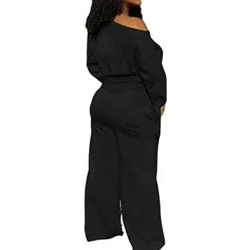 sexycherry Casual Black 2 Piece Sets Sweatsuits for Women Long Sleeve One Off Shoulder Long Pants Wide Leg Loose Oufits Joggers with Pockets (Medium)