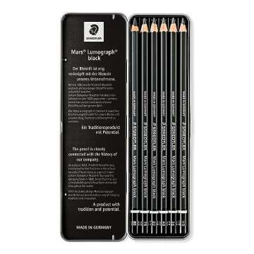 Staedtler Mars Lumograph Black, Carbon Blend Provides Jet Black Lines, Professional Art Pencils, Tin of 6 Assorted Black Sketch Pencils, 100B G6