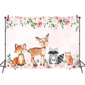 Mocsicka Boho Pink Girl Woodland Animals Backdrop Floral Woodland Baby Shower Photo Background 7x5ft...
