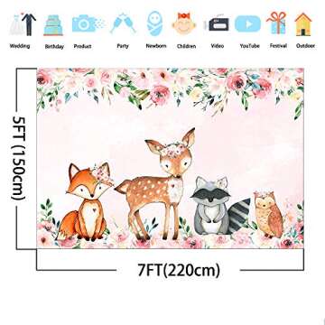 Mocsicka Boho Pink Girl Woodland Animals Backdrop Floral Woodland Baby Shower Photo Background 7x5ft Girl Woodland Birthday Vinyl Backdrops Woodland Safari Baby Shower Birthday Decorations