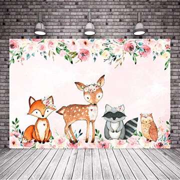 Mocsicka Boho Pink Girl Woodland Animals Backdrop Floral Woodland Baby Shower Photo Background 7x5ft Girl Woodland Birthday Vinyl Backdrops Woodland Safari Baby Shower Birthday Decorations