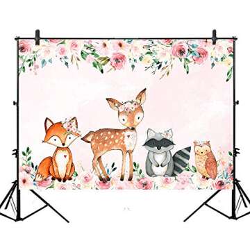Mocsicka Boho Pink Girl Woodland Animals Backdrop Floral Woodland Baby Shower Photo Background 7x5ft Girl Woodland Birthday Vinyl Backdrops Woodland Safari Baby Shower Birthday Decorations