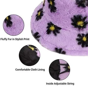 Umeepar Winter Faux Fur Fuzzy Bucket Hat Fluffy Warm Hat for Women Men (Daisy Purple)