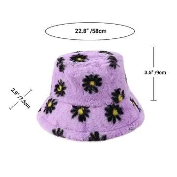 Umeepar Winter Faux Fur Fuzzy Bucket Hat Fluffy Warm Hat for Women Men (Daisy Purple)
