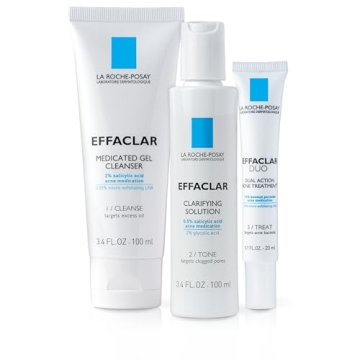 La Roche-Posay Effaclar Dermatological 3 Step Acne Treatment System, Salicylic Acid Acne Cleanser, P...