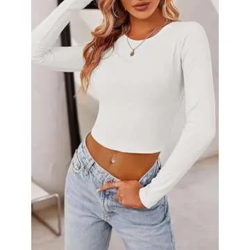 Tankaneo Women Crop Tops Long Sleeve Ribbed Slim Fit Workout Cropped Tee Y2K Short T-Shirts White