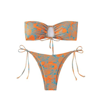 SHENHE Women's Strapless 2 Piece Tropical Swimsuit Drawstring Tie Side Bandeau Bikini Blue Orange M