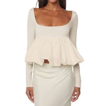 Dsewpaur Women Long Sleeve Ruffle Hem Bubble Crop Top Blouse Scoop Neck Backless Slim Patchwork Peplum T Shirt Beige