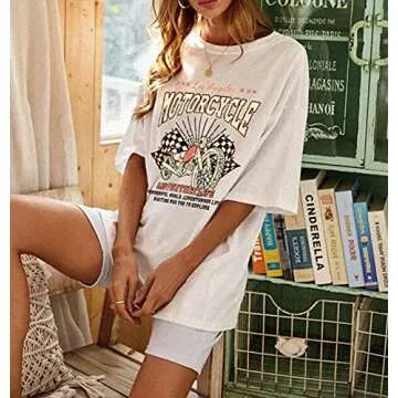 Vintage Motorcycle Print Graphic Tee for Women
