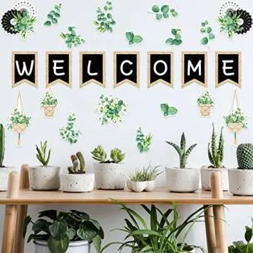 Whaline 29 Pieces Eucalyptus Bulletin Board Set Welcome Banner Simply Boho Bulletin Board Decor Boho Greenery Calendar Cutout Decorations for Back to School Classroom Teacher Supply