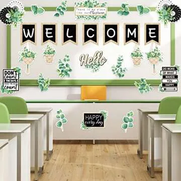 Whaline 29 Pieces Eucalyptus Bulletin Board Set Welcome Banner Simply Boho Bulletin Board Decor Boho Greenery Calendar Cutout Decorations for Back to School Classroom Teacher Supply