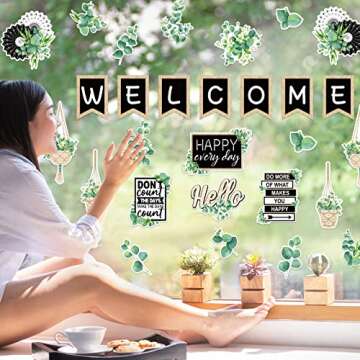 Whaline 29 Pieces Eucalyptus Bulletin Board Set Welcome Banner Simply Boho Bulletin Board Decor Boho Greenery Calendar Cutout Decorations for Back to School Classroom Teacher Supply