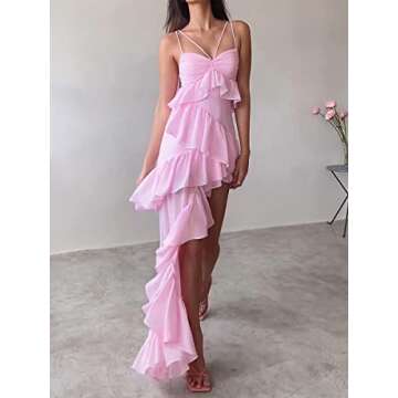 Women's Spaghetti Strap Ruffle Maxi Dres 3D Floral Tassels Long Bodycon Dress Y2k Off Sholder High Split Sheer Tulle Dress (Pink, L)