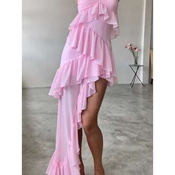 Women's Spaghetti Strap Ruffle Maxi Dres 3D Floral Tassels Long Bodycon Dress Y2k Off Sholder High Split Sheer Tulle Dress (Pink, L)