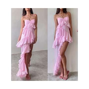 Women's Spaghetti Strap Ruffle Maxi Dres 3D Floral Tassels Long Bodycon Dress Y2k Off Sholder High Split Sheer Tulle Dress (Pink, L)