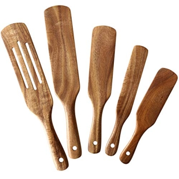 NAYAHOSE Wooden Spurtle Set - 5 Pcs Natural Teak Kitchen Utensils for Cooking