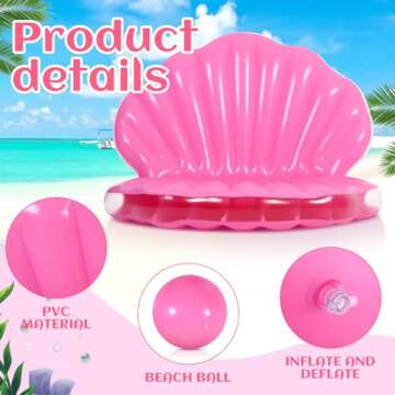 ShinyRelief Seashell Pool Float 67 Inch Extra Large Inflatable Clam Air Filled Toy with Pearl Ball Pink Mermaid Shell Floating Ride on Raft Decor for Adult Birthday Swimming Summer(Pink LED)