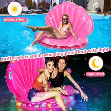 ShinyRelief Seashell Pool Float 67 Inch Extra Large Inflatable Clam Air Filled Toy with Pearl Ball Pink Mermaid Shell Floating Ride on Raft Decor for Adult Birthday Swimming Summer(Pink LED)