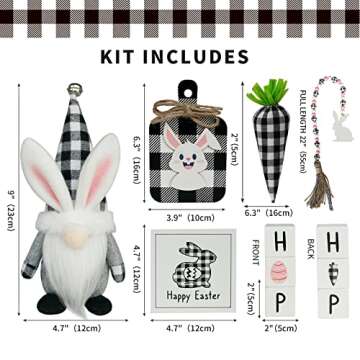 Easter Tiered Tray Decorations 8pcs Spring Easter Bunny Gnome Decor, Buffalo Plaid Easter Gnome Plush Black Check Carrot 3D Easter Wood Signs Bead Garland Easter Farmhouse Kitchen Table Decor