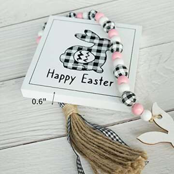 Easter Tiered Tray Decorations 8pcs Spring Easter Bunny Gnome Decor, Buffalo Plaid Easter Gnome Plush Black Check Carrot 3D Easter Wood Signs Bead Garland Easter Farmhouse Kitchen Table Decor