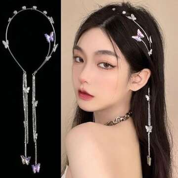 E EMZHOLE Wedding Butterfly Headband Head Chain Silver Tassel Hair Hoop Band Hair Vine Vintage Decor...