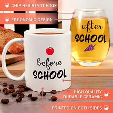 NICKANE Before School After School Mug and Glass | Funny Appreciation Teacher Gifts From Student on Teachers Day, First/Last Day of School, Christmas, Valentine Day for Daycare, Kindergarten,Professor