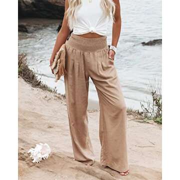 Vansha Women Summer High Waisted Cotton Linen Palazzo Pants Wide Leg Long Lounge Pant Trousers with Pocket Khaki 2XL