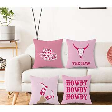 FULSOE Hot Pink Preppy Howdy Wild Western Cowgirl Boots Hat Cow Skull Throw Pillow Case Cover 18"x18...
