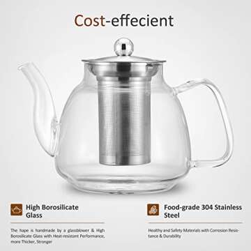 42oz/1250ml Glass Teapot, Glass Tea Kettle with Removable Stainless Steel Infuser, Stovetop Safe Tea...