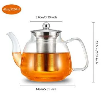 42oz/1250ml Glass Teapot, Glass Tea Kettle with Removable Stainless Steel Infuser, Stovetop Safe Tea Pot for Blooming and Loose Leaf Tea, Tea Maker Gift