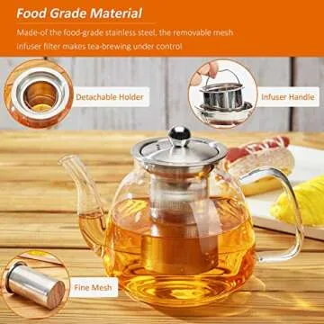 42oz/1250ml Glass Teapot, Glass Tea Kettle with Removable Stainless Steel Infuser, Stovetop Safe Tea Pot for Blooming and Loose Leaf Tea, Tea Maker Gift