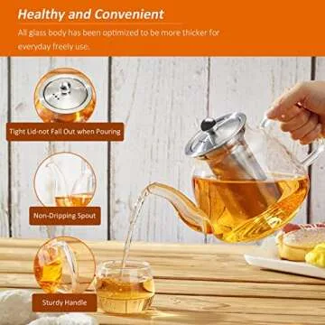 42oz/1250ml Glass Teapot, Glass Tea Kettle with Removable Stainless Steel Infuser, Stovetop Safe Tea Pot for Blooming and Loose Leaf Tea, Tea Maker Gift