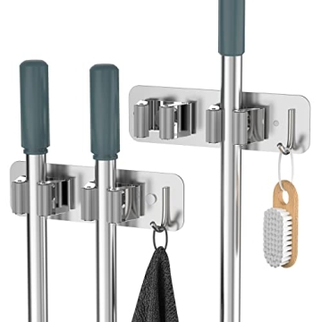 HOMEASY Mop Broom Holder Wall Mounted SUS304 Stainless Steel, Mop Broom Organizer with 2 Installatio...