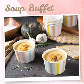 MATICAN Paper Ice Cream Cups - 50-Count 9-Oz Disposable Dessert Bowls for Hot or Cold Food, 9-Ounce Party Supplies Treat Cups for Sundae, Frozen Yogurt, Soup, Pastel Stripes