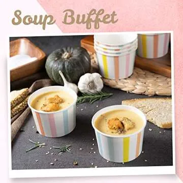 MATICAN Paper Ice Cream Cups - 50-Count 9-Oz Disposable Dessert Bowls for Hot or Cold Food, 9-Ounce Party Supplies Treat Cups for Sundae, Frozen Yogurt, Soup, Pastel Stripes