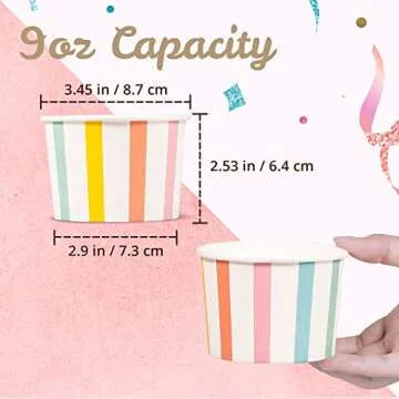 MATICAN Paper Ice Cream Cups - 50-Count 9-Oz Disposable Dessert Bowls for Hot or Cold Food, 9-Ounce Party Supplies Treat Cups for Sundae, Frozen Yogurt, Soup, Pastel Stripes