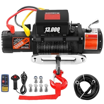 Rengue Electric Winch, 13000lb with 65ft Synthetic Rope 12V Power Winch with Wireless Remote Control...