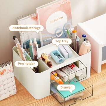 Marbrasse Pen Organizer with 2 Drawer, Multi-Functional Pencil Holder for Desk, Desk Organizers and ...