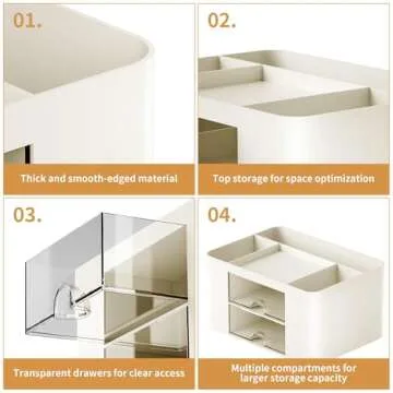 Marbrasse Pen Organizer with 2 Drawer, Multi-Functional Pencil Holder for Desk, Desk Organizers and Accessories with 5 Compartments + Drawer for Office Art Supplies (Beige)