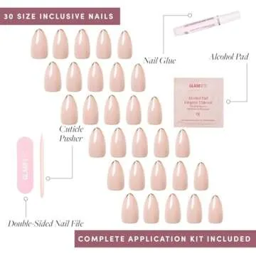 Glamnetic Press On Nails - Gold Standard | Short Almond Nails with Gold French Tips, Reusable Stick On Fake Nails with Glue | Love In Bloom Spring Nails | 15 Sizes - 30 Nail Kit with Glue