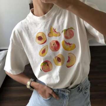 Vintage Peaches Printed Graphic Tees Summer Women Cute Short Sleeve Summer T-Shirt Fruit Shirt Aesthetic Tops White