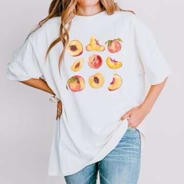 Vintage Peaches Printed Graphic Tees Summer Women Cute Short Sleeve Summer T-Shirt Fruit Shirt Aesthetic Tops White