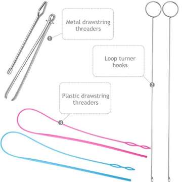 WILLBOND 6 Pcs Flexible Drawstring Threader Tool Sewing Loop Kit, Loop Turner Easy Threader Hoodie String Replacement Metal Tweezers Drawstring Puller Tool for Fabric Belt DIY Knitting Accessories