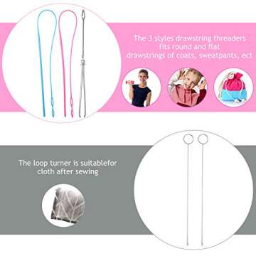WILLBOND 6 Pcs Flexible Drawstring Threader Tool Sewing Loop Kit, Loop Turner Easy Threader Hoodie String Replacement Metal Tweezers Drawstring Puller Tool for Fabric Belt DIY Knitting Accessories