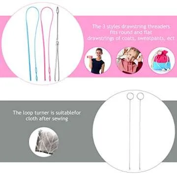 WILLBOND 6 Pcs Flexible Drawstring Threader Tool Sewing Loop Kit, Loop Turner Easy Threader Hoodie String Replacement Metal Tweezers Drawstring Puller Tool for Fabric Belt DIY Knitting Accessories