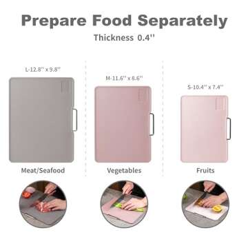 KOFRAND Plastic Cutting Boards with Grinding Area and Measurement, Cutting Boards for Kitchen Dishwasher Safe, Set of 3 with Holder, Non-Slip Design, Stainless Steel Handle, Pink